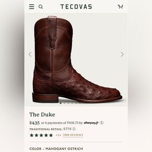 Tecova Men’s Size 9EE
Full-Quill Ostrich in Mahogany 
Leather Boot & Sole